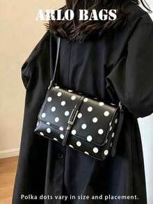 Charming Polka Dot Shoulder Bag With Exquisite Craftsmanship And Elegant Lock Detail. Multiple Carrying Ways And Timeless Print Make It An Ideal Choice For Matching Workwear Or Weekend Outfits, Combining Fashion And Practicality. - Black - View 2