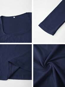 Queen Closet 女款性感修身長袖針織上衣，純色方領 T-shirt，休閒百搭極簡基本款，適合日常穿著 - 藏蓝色 - 查看 11