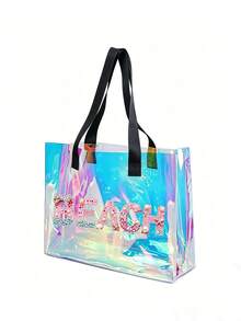 Iridescent Laser Transparent PVC Beach Tote Bag, Large Capacity Beach Letter + Matching Pattern Zipper Pouch, Waterproof Sand-Resistant Easy To Clean, Can Store Swimwear, Towels, Sunscreen, Cosmetics, Suitable For Beach Vacation, Pool Party, Camping Picnic, Short Trip Scenarios, Suitable For Students, Moms, Travel Girls, Qixi, Birthday, Summer Festival Gift, Also Can Be Used As Toiletry Bag, Shopping Bag, Travel Storage Bag - Multicolor - View 13