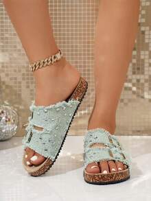 Sparkly Rhinestone Fringed Denim Cork Slide Sandals, Double Buckle Open Toe Summer Beach Thick Sole Sandals Solid Color Beach Buckle Vacation - Green - View 3