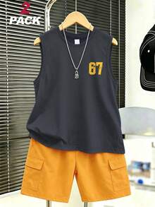 男童运动街头服饰套装（2件套），宽松67图案背心和卡其色短裤，夏季校园运动街头风搭配 - 深灰色 - 查看 2