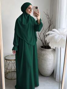 柔軟布料 Khimar 長袍套裝，寬鬆大尺碼長袖保守全身長洋裝，適合中東女性日常街頭穿著 - 彩色 - 查看 17