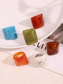 Set 6 buah cincin resin berwarna-warni, serbaguna, personal, modis, geometris, minimalis, lebar, dan berlebihan untuk wanita, cocok untuk pemakaian sehari-hari, liburan, dan pesta. - MultiWarna - View 5