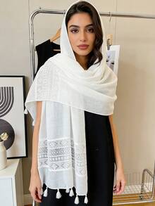 1pc Women's Solid Color Lace Tassel Long Versatile Scarf, High Quality Shawl - White - View 2