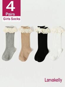 4 Pairs Children's Simple Lace Trim Solid Color High Tube Socks, Sweet And Cute For Girls, Suitable For Daily Wear And Back To School Season - Multicolor - View 1
