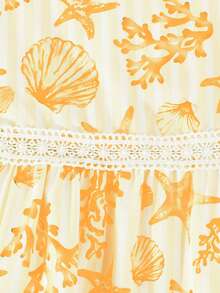 Sweet Summer Vacation Style Girls' Cami Dress, Printed Pattern With Ocean Elements And Lace Trim, Soft And Comfortable - Yellow - View 6