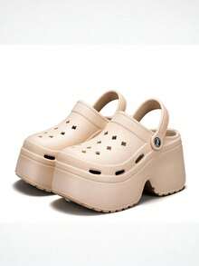 Pantofole da donna con piattaforma spessa e traforata, sandali slip-on in EVA traspirante con cinturino posteriore regolabile e rialzante, scarpe mule casual estive per spiaggia e uso all'aperto, antiscivolo e anti-odore - Cachi - Visualizzare 3