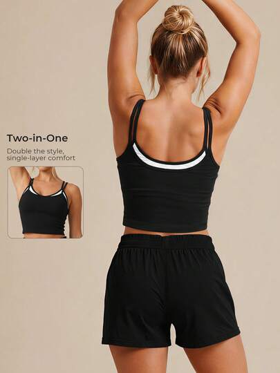 2pcs Women's Fitness Set, Contrast Lining Double Strap Yoga Tank Top + Ruffle Cinched Waist Pockets Running Shorts