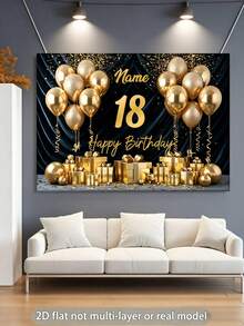 1pc Customizable Name & Age Gold Glitter Balloon Happy Birthday Backdrop, Gold Ribbon Balloon Gift Box Decoration Background, Suitable For Birthday Party Cake Table Decoration, Photography Banner, Vinyl Material, Multi-Functional, Durable, Decorative, Reusable, Exquisite, Fashionable, Colorful, Modern, Customizable, Personalized, Unique, Ideal Gift For Her, Boyfriend, Girlfriend - G - View 4