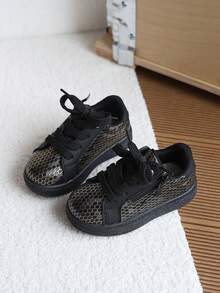 1 Pair Unisex Kids Honeycomb Glossy Side Zipper White Sneakers, Spring/Autumn New Style, Non-Slip Soft Sole, Casual Skate Shoes, Lightweight Luxury Versatile Campus Sports Shoes For Toddlers And Young Children - Black - View 4