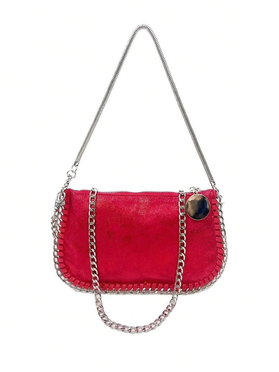 Handmade Chain-Strap Multi-Use Multi-Function Silver-Tone Metallic Baguette Shoulder Handbag Crossbody Bag - Red - View 1