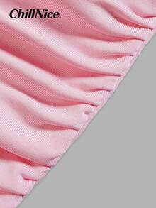 Women Summer Casual Bodycon Slip Dress, Ruched Front Draped Ruffle Midi Dress For Coastal Street, Holiday Festival & Party Outfits - Pink - View 4