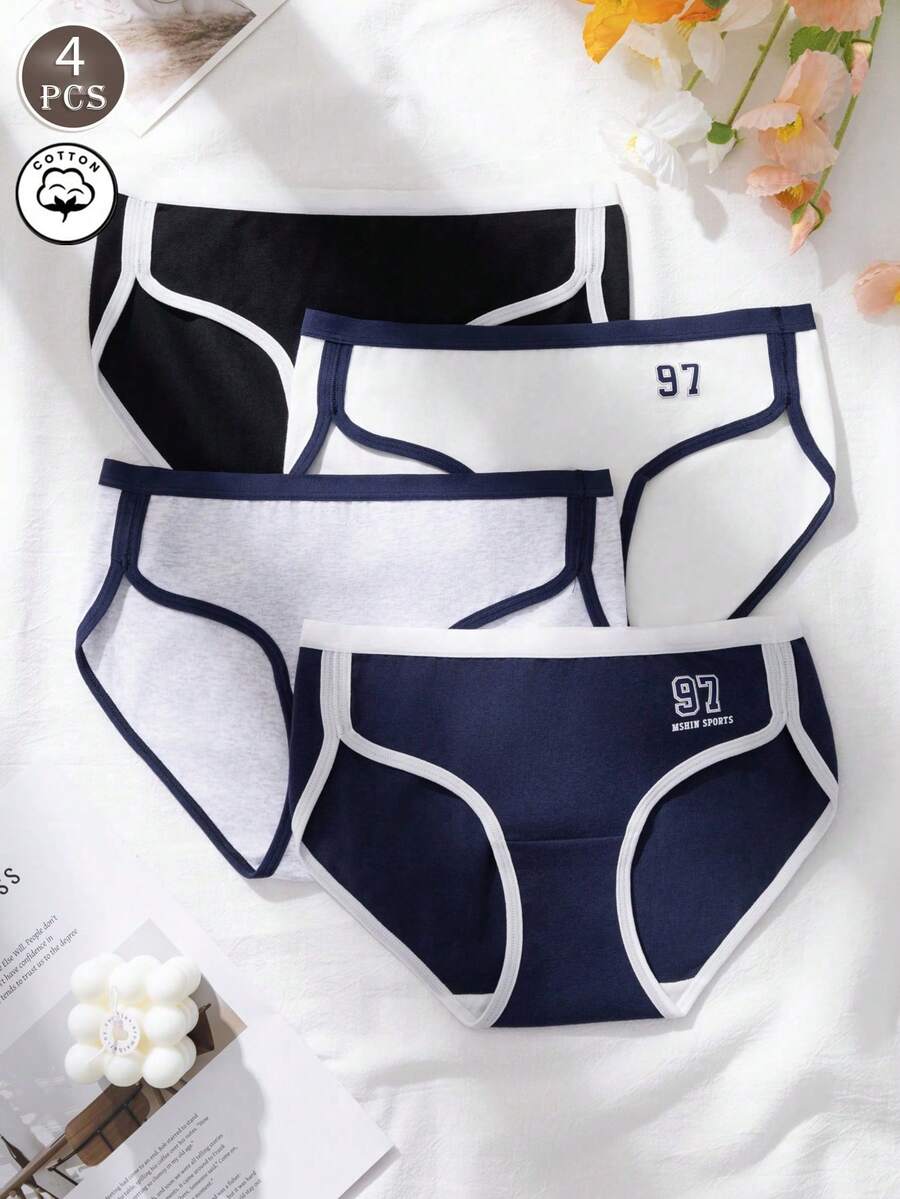 4件套女士纯棉柔软舒适复古学院风内裤套装，无缝中腰三角裤，运动短裤 - 彩色 - 查看 1