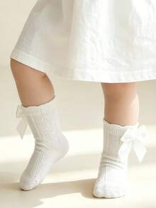 1雙女童幼兒網布蝴蝶結高筒襪，透氣不悶汗春夏嬰幼兒網布大蝴蝶結短筒襪，透氣可愛小公主1歲生日襪 - 白色 - 查看 2