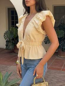 Women Casual Vacation Pale Yellow Striped Crop Blouse V Neck Ruffle Edge Petal Sleeve Side Tie Bow Breathable Woven Fabric Summer Beach Short Top - Yellow - View 2