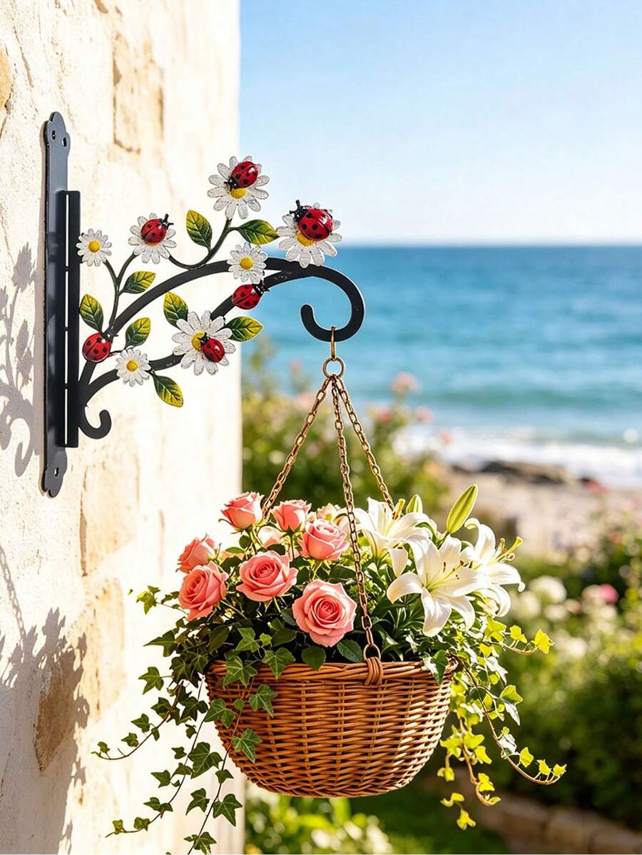 Gancio da parete in metallo resistente a forma di coccinella rossa e margherita bianca, supporto da appendere per balcone, giardino e cortile, decorazione da esterno multifunzione per cesti di fiori, vasi per piante, mangiatoie per uccelli e luci solari decorative - Coccinelle rosse e margherite bianche - Visualizzare 1