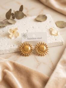 Chunky Retro Sunburst Gold Stud Earrings, Stainless Steel Hypoallergenic Earrings For Women,Minimalist Timeless Piercing Jewelry For Commute & Party - Multicolor - View 5