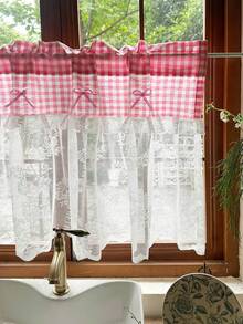 1pc French Bow Lace Patchwork Sheer Short Curtain, Rod Pocket Design, Suitable For Living Room, Bedroom, Balcony, Kitchen, Cabinet Cover, Garden, Gentle Home Decor - Pink - View 3