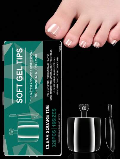 320pcs/Box Square Toe Nail Tips, Large Transparent Glossy Pre-Designed Soft Gel Thickened Full Cover Acrylic DIY Foot Nail Art, 16 Sizes