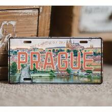 2D Flat Vintage Prague License Plate Frame - 30.0X15.01cm, Featuring Rustic European City Landscape Design With "PRAGUE" Text, Suitable For Car Decoration, Garage Or Home Wall Art, Easy To Install (Random Style) - A - View 3