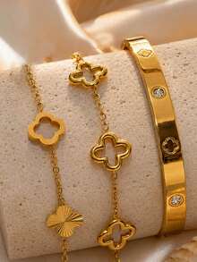 ZCNC Znice 2026 New 304 Stainless Steel 18K Gold Plated Flower Bracelet Set, Hollow 3D Design, Laser Flower, Suitable For Daily Wear And Gatherings, Perfect Gift For Mother And Daughter, Christmas Gift - Gold - View 4