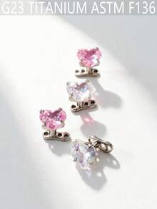 1 buah Anting Tusuk Implan Kulit F136 Titanium G23 Bentuk Hati dengan Zirkonia Tertanam, Cocok untuk Pemakaian Sehari-hari, Putih dan Merah Muda - Berbentuk hati - View 2