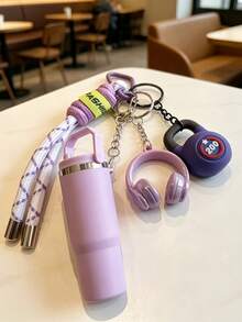 [Original Hecho a Mano] Llavero de Botella de Agua Mini de Alto Valor, Llavero/Accesorio de Muñeca de Cuerda Tejida, Accesorio de Auriculares 3D, Cadena Anti-Pérdida de Llaves de Coche, Decoración Delicada de Auriculares para Niñas - Multicolor - Ver 5