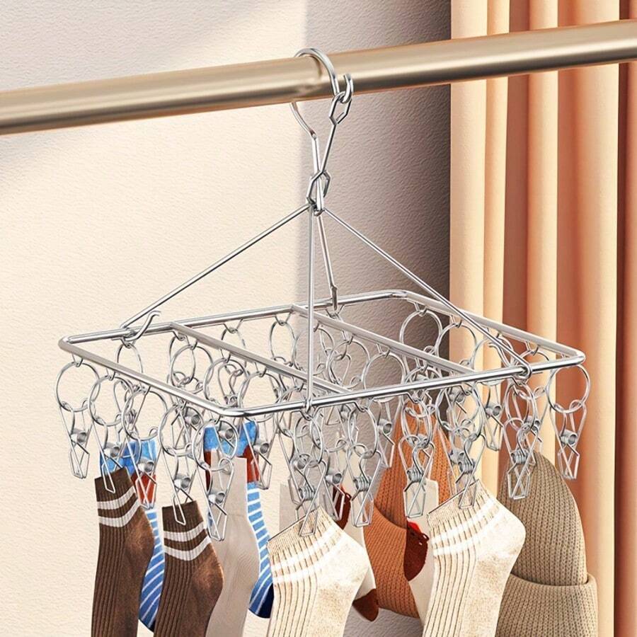 Stainless Steel Sock Drying Rack, 360° Rotating Windproof Hook, With 40/20/10 Clips, Large Capacity Space-Saving, Wide Spacing For Quick Drying, Suitable For Drying Socks, Underwear, Towels, Etc., Suitable For Balcony, Window, Dorm, Laundry Room Accessories, Perfect Choice For Mother's Day, Easter Gifts, Holiday Essentials