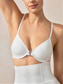 Veilyse 1件白色前扣蕾絲拼接花卉印花露背Bralette，性感鋼圈內衣，女款夏季款 - 白色 - 查看 10