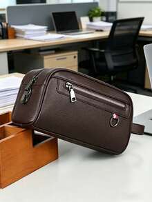 Minimalist Business Men's Clutch Bag, Lightweight Large Capacity Square Pouch For Outings And Commuting - Brown - View 8