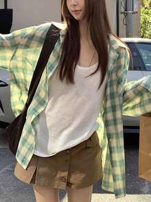 Korean Style Green Plaid Shirt Jacket Women Spring Loose Casual Relaxed Long Sleeve Sun Protection Thin Cardigan Top - Green - View 5
