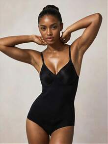 Veilyse 1pc Women Seamless Fixed Cup Camisole Triangle Panty Waist Cincher Bodysuit Tummy Control Bodysuit For Summer - Black - View 6