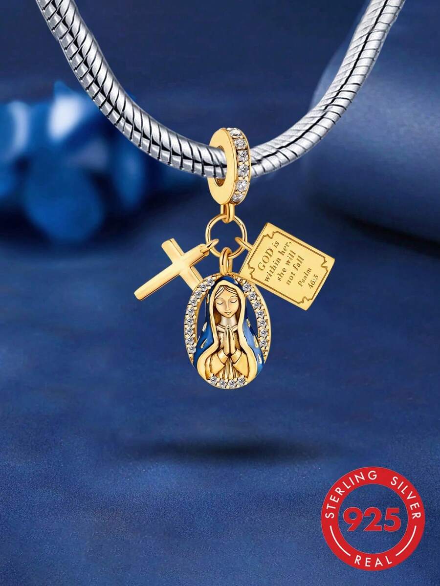 1件時尚925純銀聖母瑪利亞吊墜珠，適合女性手鍊、手鐲DIY珠寶製作與日常配戴，女孩理想飾品配件