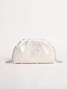 SCULPTEDSTYLE BAGS 1件珍珠白緞面軟雲朵手拿包女款，奢華珍珠裝飾串珠百褶手提包，輕奢晚宴包，附鏈條背帶正式禮服包，適合舞會、晚宴、盛會 - Pearl White - 查看 6
