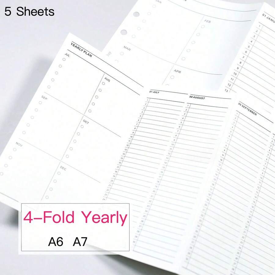 5pcs A6 A7 4-Fold Yearly Planner Loose-Leaf Refill Pages, 5pcs 6-Hole Loose-Leaf Ring Binder Pages Compatible With Annual Schedule Planning Time Management Notebook, Campus Student Planner - 4-fold Annual Plan - View 1