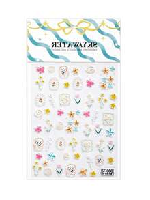 1pc Soft Pastel Floral Embossed Nail Stickers, Raised Hand Drawn Tiny Flower Wavy Frame Design Waterproof Self-Adhesive Nail Decal Stickers For Spring Vacation Nail Making - Colorful - View 1