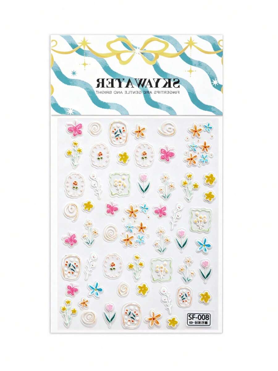 1pc Soft Pastel Floral Embossed Nail Stickers, Raised Hand Drawn Tiny Flower Wavy Frame Design Waterproof Self-Adhesive Nail Decal Stickers For Spring Vacation Nail Making - Colorful - View 1
