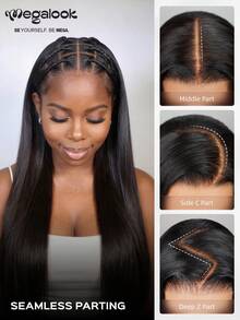 MEGALOOK 13x6 Glue-Free Silky Straight Human Hair Wig, 200% Density, Natural Black, Pre-Plucked Hairline, Pre-Bleached Knots, Ear-To-Ear Transparent Lace Front, Free Parting - Black - View 10