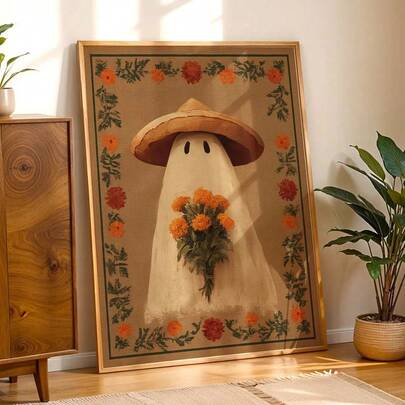 1pc Framed/Unframed Boho Whimsical Floral Ghost Autumn Canvas Poster Spooky Halloween Mexican Folk Art Wall Print Vintage Fall Decor Painting For Dorm,Living Room,Bedroom,Modern Home Decoration