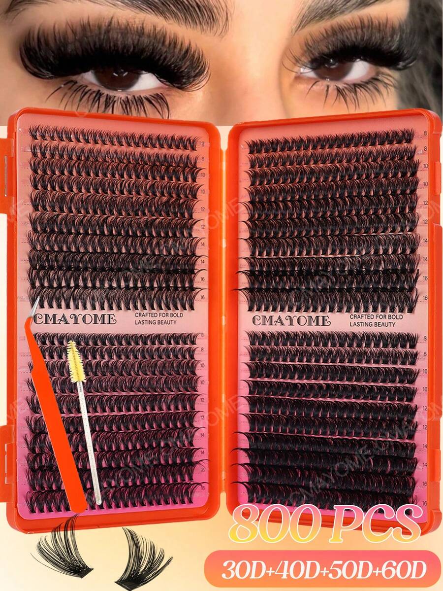 800/740/720pcs High-Volume DIY False Eyelashes, 8-16mm Mixed Length D Curl Natural Look False Eyelashes, Extra Thick And Fluffy, Friendly To Beginners, Suitable For Daily Use And Outgoing, Party, Festival And Travel Using,Styles Mixed Eyelashes