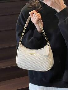 純白色編織 Hobo 包，金色鏈條手把、可調節皮革肩帶、裝飾 PU 吊牌，休閒包 - 米色 - 查看 3