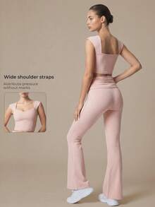 2pcs Women's Sports Set Square Neck Backless Soft Slim Fit Yoga Tank Top With Ruched Folded Waist High Waist Flare Yoga Pants - Pink - View 2
