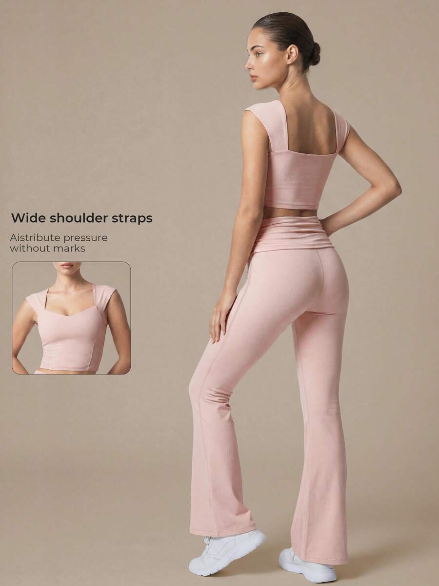 2pcs Women's Sports Set Square Neck Backless Soft Slim Fit Yoga Tank Top With Ruched Folded Waist High Waist Flare Yoga Pants