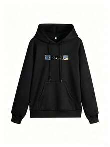 Women's Vintage Floral Black Cat Print Sweatshirt, Street Style Oversized Daily Sweatshirt Vacation - Black - View 4