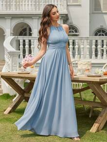 Volly Toych Elegant Chiffon Backless Bridesmaid Dress, Ruched Bust Draped Long Formal Gown, Sleeveless, Suitable For Prom And Wedding - Dusty Blue - View 6