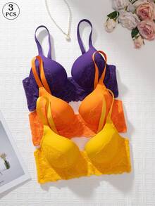 3pcs/Set Daily Wear Push-Up Underwire Bra Set, Sexy Lace Patchwork Sheer Mesh Breathable Thin Padding Comfortable Zero Pressure Skin-Friendly Smooth Versatile T-Shirt Bra For Women, Commute Office Hot-Selling Essential Lingerie - Multicolor - View 2