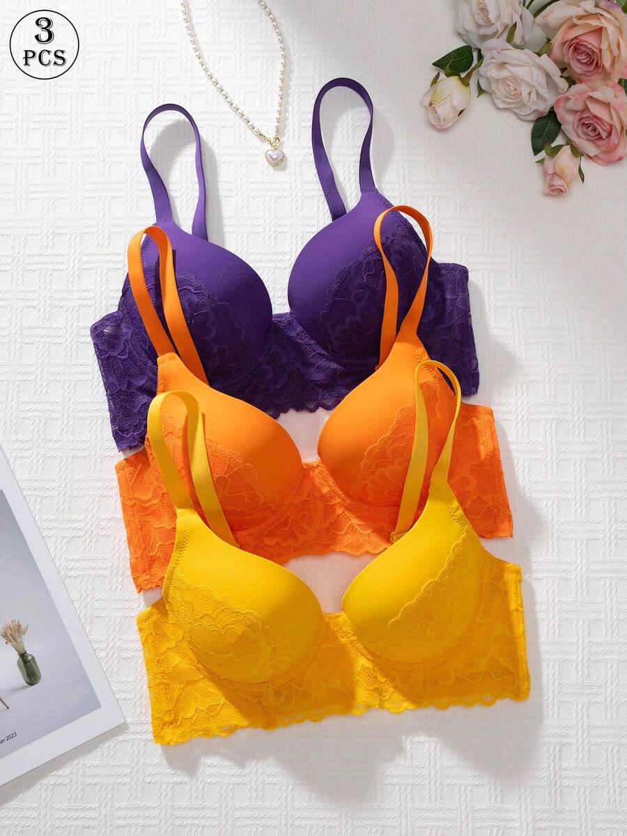 3pcs/Set Daily Wear Push-Up Underwire Bra Set, Sexy Lace Patchwork Sheer Mesh Breathable Thin Padding Comfortable Zero Pressure Skin-Friendly Smooth Versatile T-Shirt Bra For Women, Commute Office Hot-Selling Essential Lingerie