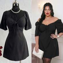 Plus Size Short Princess Dress, Loose Fit, With Gathered Neckline And Short Sleeves, Elegant, Sizes 46 To 56 - 黑色 - 查看 1
