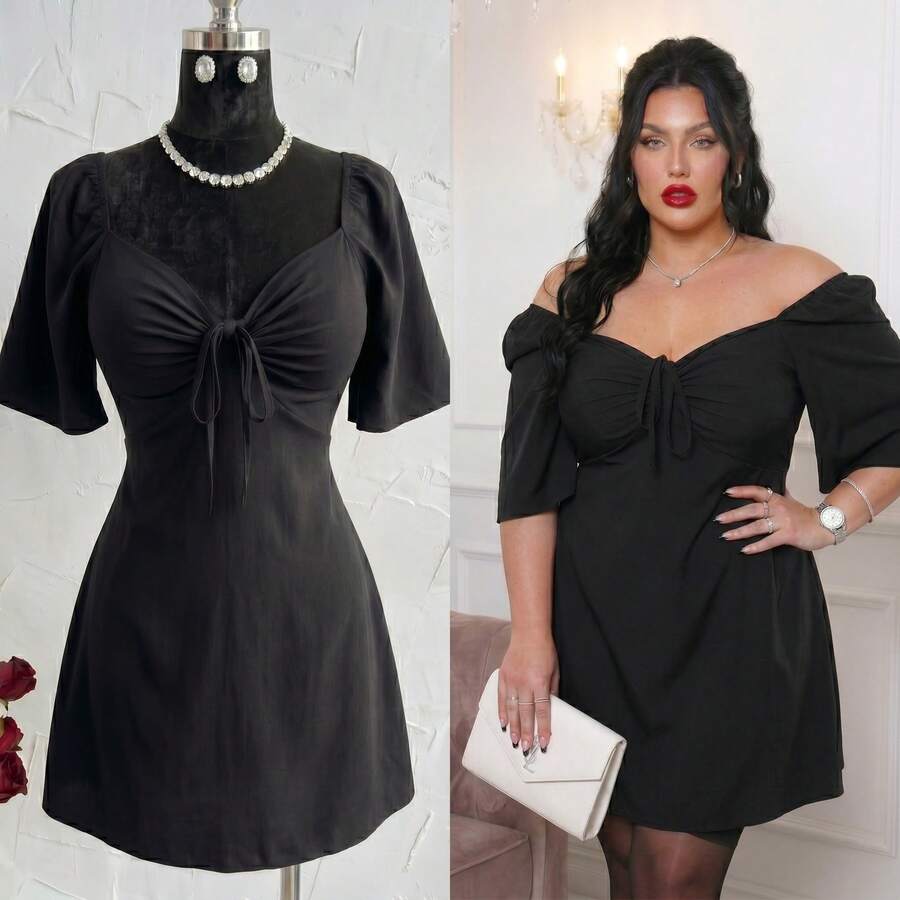Plus Size Short Princess Dress, Loose Fit, With Gathered Neckline And Short Sleeves, Elegant, Sizes 46 To 56 - 黑色 - 查看 1