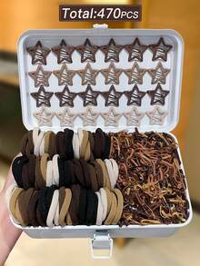 470pcs Women's Brown Tone Hair Accessories Set, Includes Large Hair Ties, Disposable Rubber Bands, Star Hair Clips, Meets Daily Hairstyle Needs, Women's Hair Accessories. Suitable For Daily Casual Use. - Multicolor - View 3